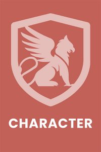 Caption CHARACTER with Griffin logo on red with